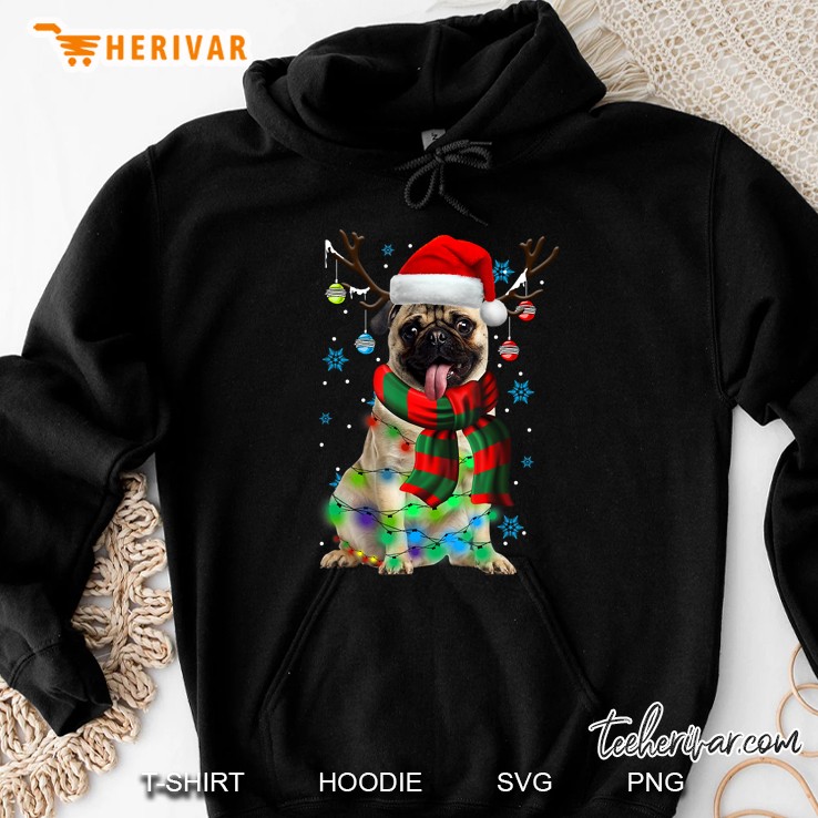 Pug Dog Reindeer Santa Hat Christmas Lights Hoodie