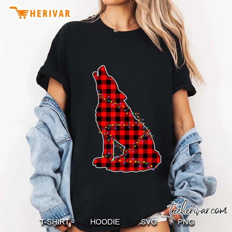 Wolf Red Plaid Christmas Lights Ladies Tee