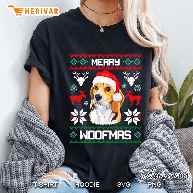 Merry Woofmas Beagle Dog Lover Santa Hat Christmas Ladies Tee
