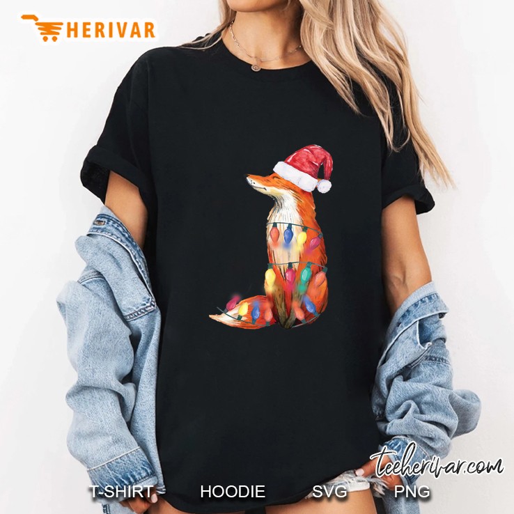 Fox Santa Hat Christmas Lights Ladies Tee