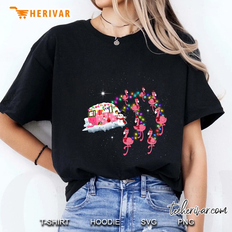 Flamingo Santa Hat Camper Christmas Ladies Tee