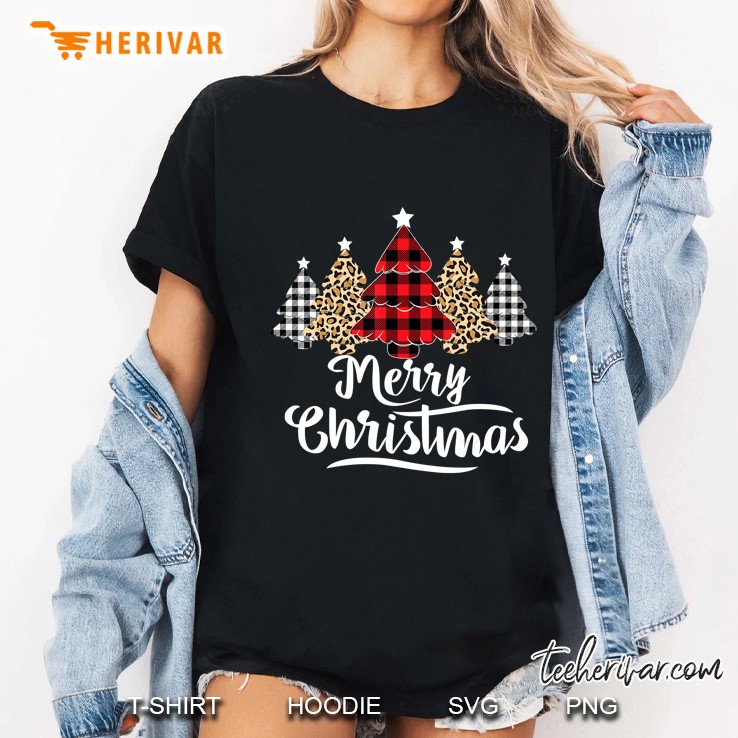 Merry Christmas Leopard Buffalo Plaid Christmas Tree Ladies Tee