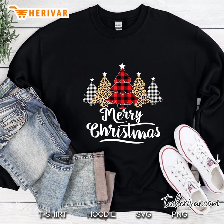 Merry Christmas Leopard Buffalo Plaid Christmas Tree Sweatshirt