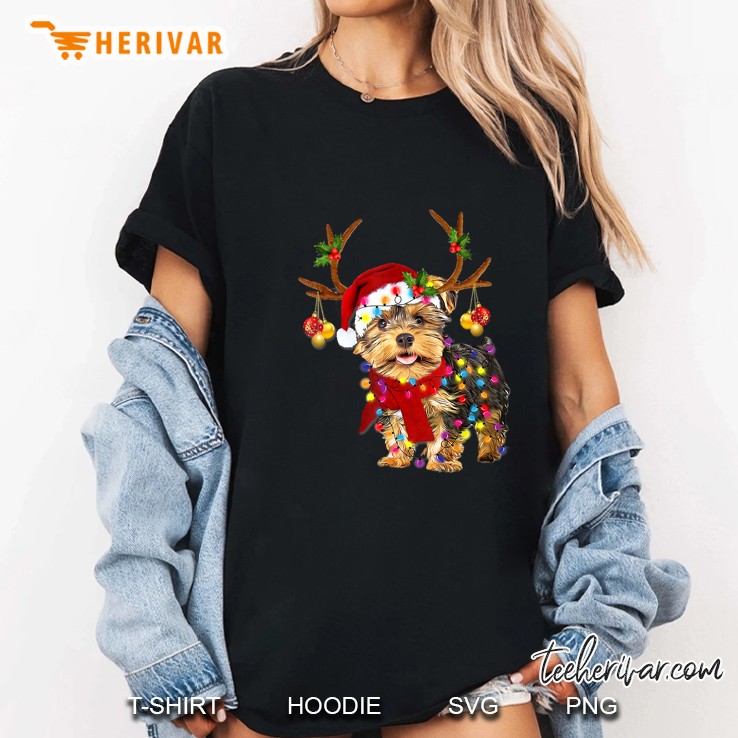 Yorkie Terrier Santa Hat Reindeer Christmas Lights Ladies Tee