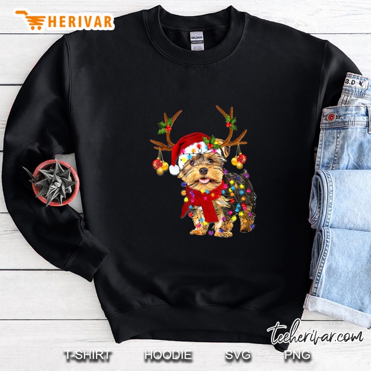 Yorkie Terrier Santa Hat Reindeer Christmas Lights Sweatshirt