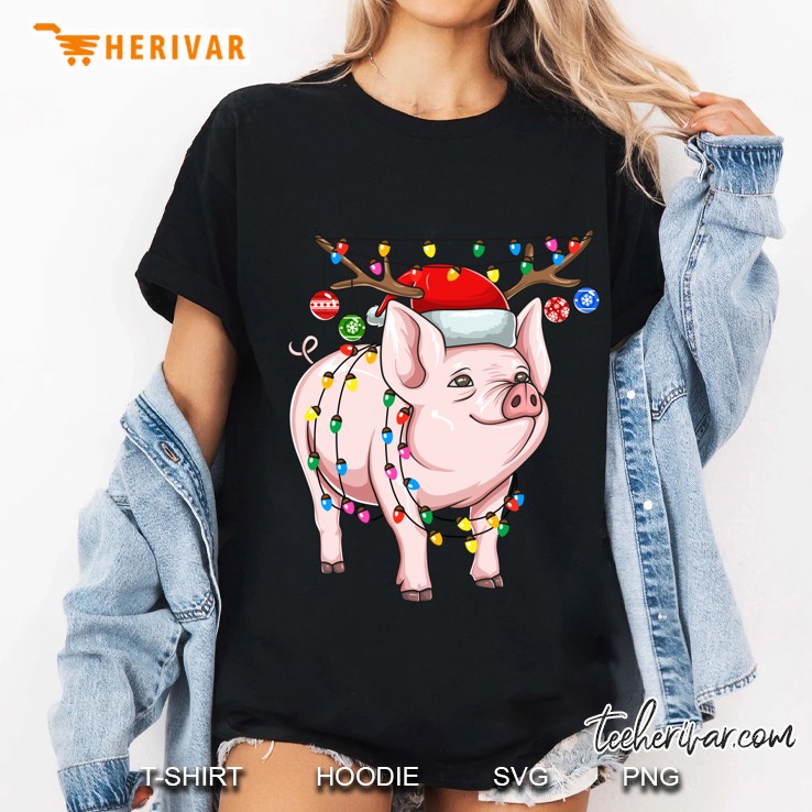 Pig With Antlers Christmas Lights Ornaments Ladies Tee