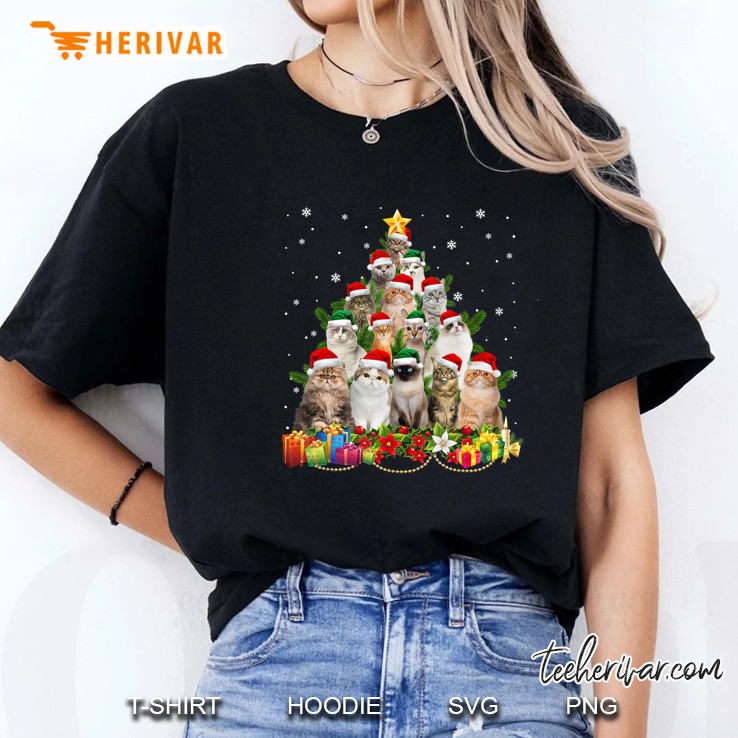 Cats Santa Hat Christmas Tree Ladies Tee