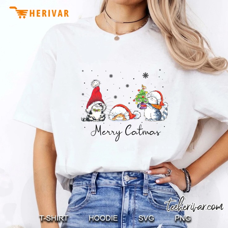 Merry Catmas Cute Cat Santa Hat Snowflakes Christmas Ladies Tee