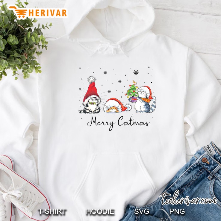 Merry Catmas Cute Cat Santa Hat Snowflakes Christmas Hoodie
