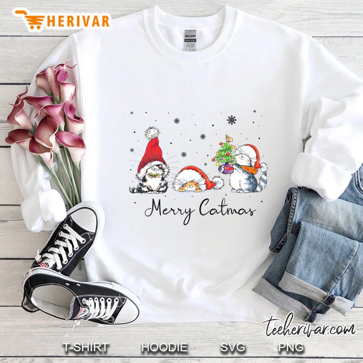 Merry Catmas Cute Cat Santa Hat Snowflakes Christmas Sweatshirt