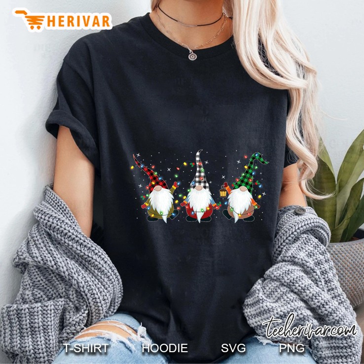 Three Gnomies With Plaid Hat Christmas Lights Sparkle Version Ladies Tee