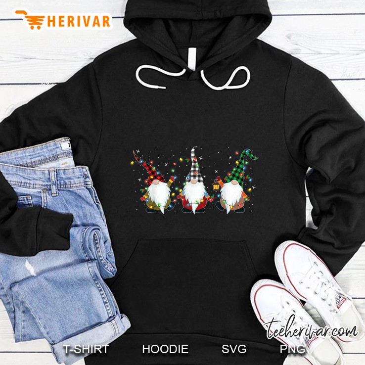 Three Gnomies With Plaid Hat Christmas Lights Sparkle Version Hoodie