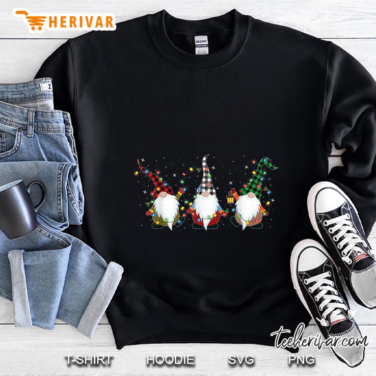 Three Gnomies With Plaid Hat Christmas Lights Sparkle Version Sweatshirt