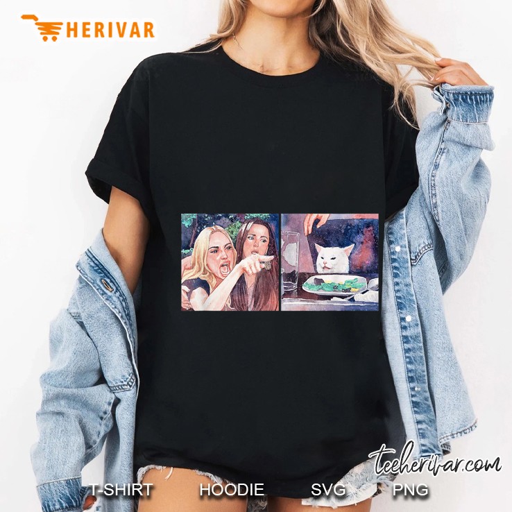 Woman Yelling At A Cat At Dinner Table Watercolor Painting Version Ladies Tee