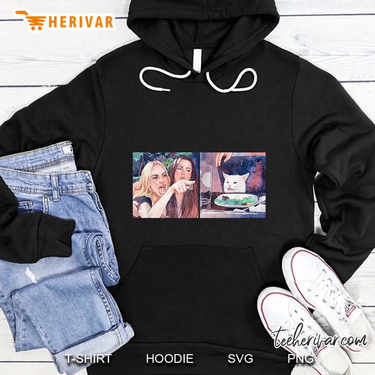 Woman Yelling At A Cat At Dinner Table Watercolor Painting Version Hoodie