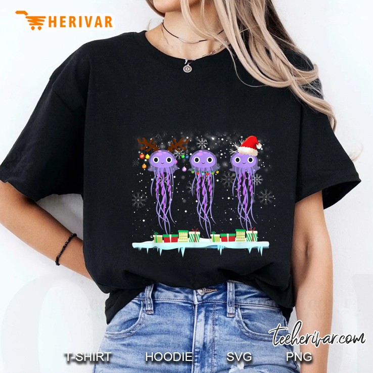 Jellyfish Santa Hat Reindeer Christmas Lights Ladies Tee