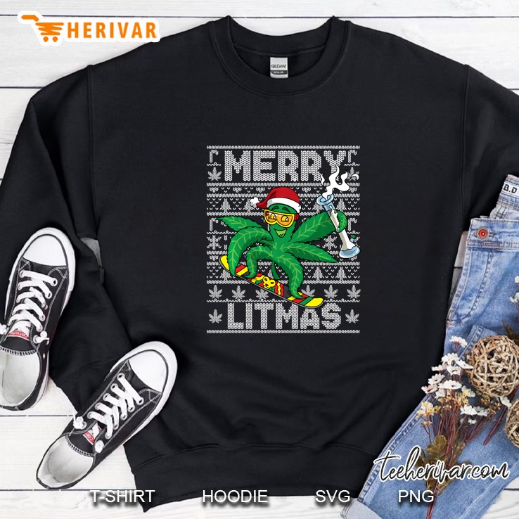 Merry Litmas Marijuana Snowboarding Christmas Sweatshirt