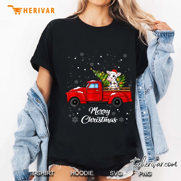 Merry Christmas Cow Rides Red Truck Ladies Tee