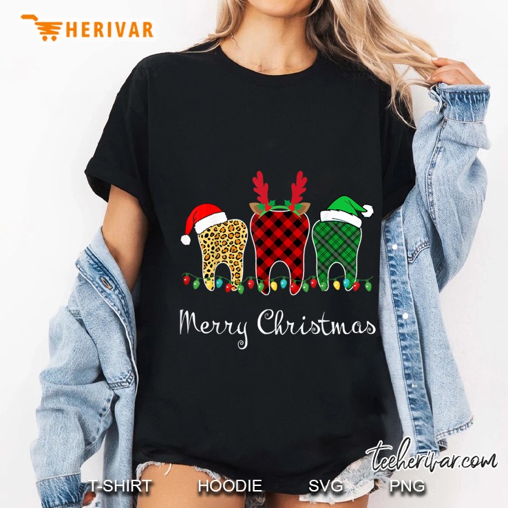 Merry Christmas Dental Assistant Plaid Leopard Tooth Christmas Light Version Ladies Tee