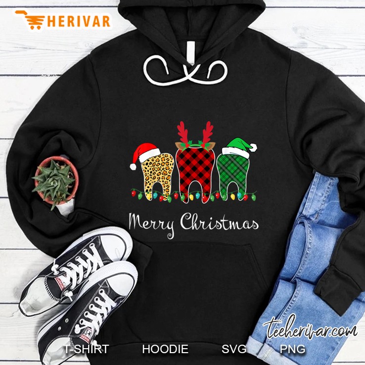 Merry Christmas Dental Assistant Plaid Leopard Tooth Christmas Light Version Hoodie