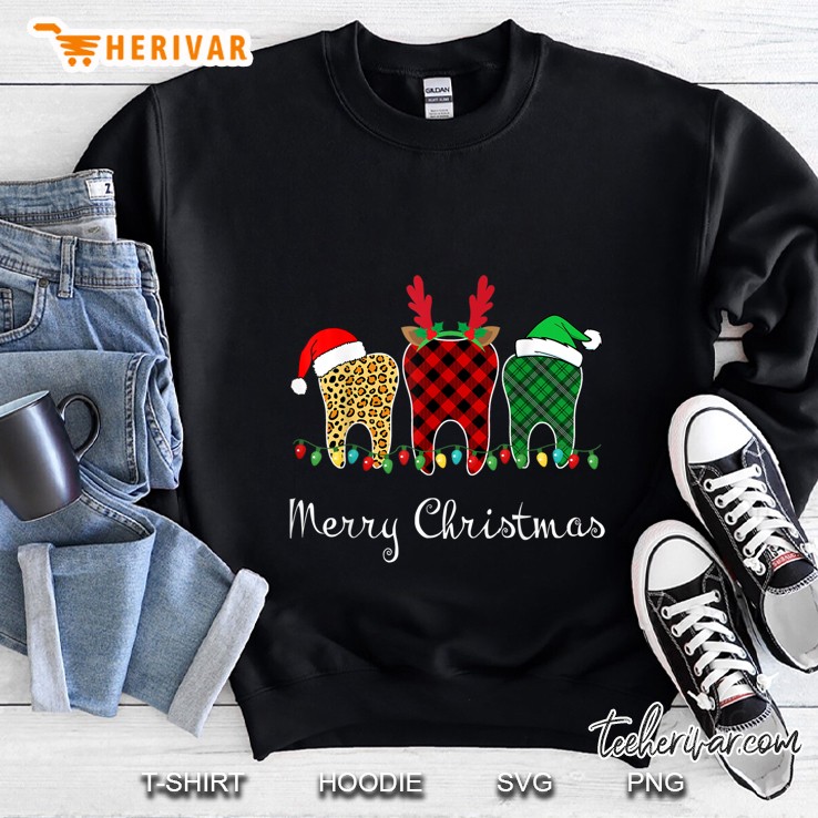 Merry Christmas Dental Assistant Plaid Leopard Tooth Christmas Light Version Sweatshirt