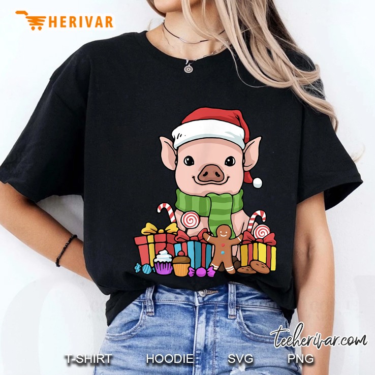 Pig Santa Hat Gingerbread Candy Cane Gifts Christmas Ladies Tee