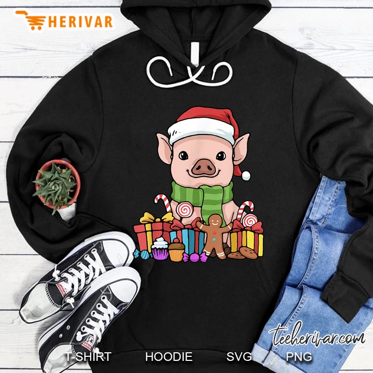 Pig Santa Hat Gingerbread Candy Cane Gifts Christmas Hoodie