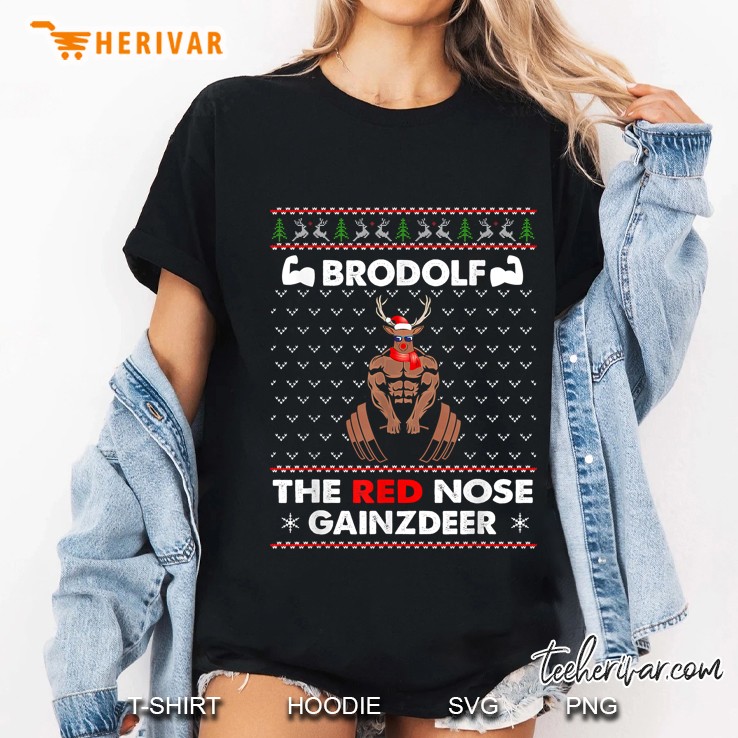 Brodolf The Red Nose Gainzdeer Reindeer Santa Hat & Scarf Christmas Ladies Tee