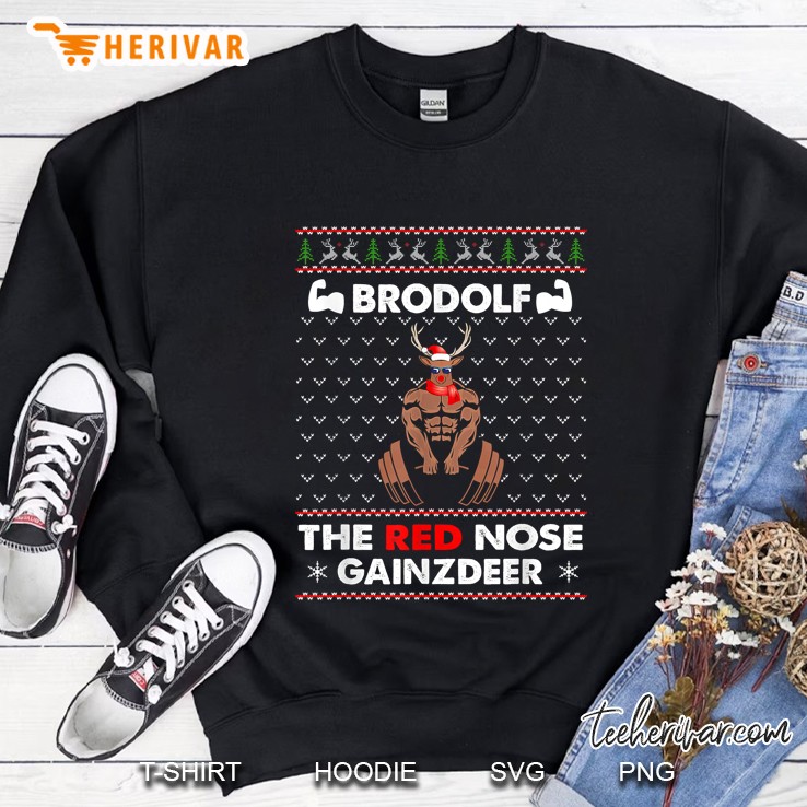 Brodolf The Red Nose Gainzdeer Reindeer Santa Hat & Scarf Christmas Sweatshirt