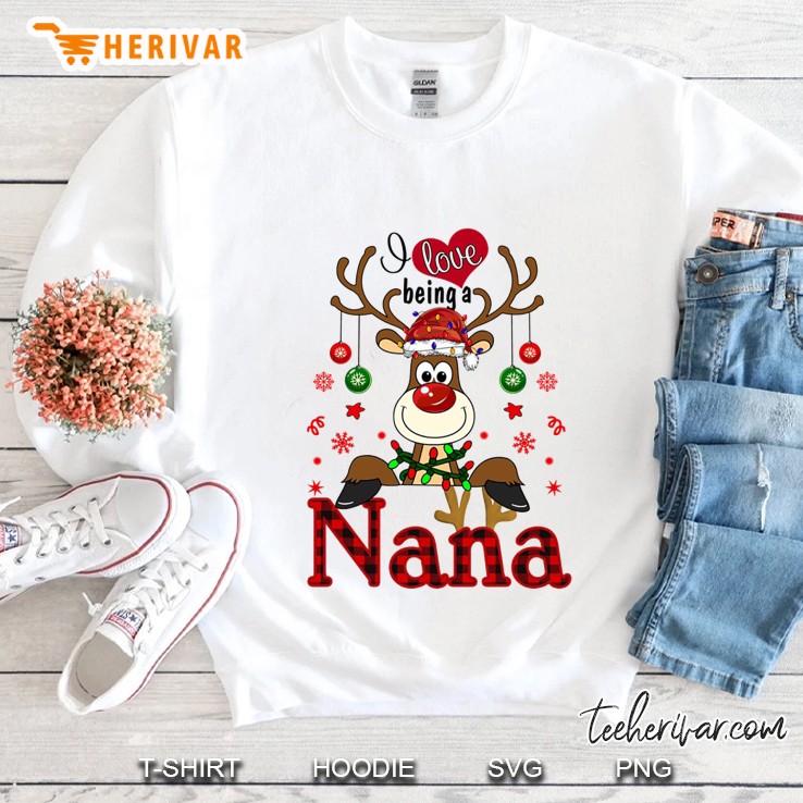I Love Being A Nana Reindeer Santa Hat Christmas Lights Plaid Version Sweatshirt