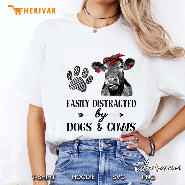Easily Distracted By Dogs & Cows Paw Dog Bandana Cow Version Ladies Tee