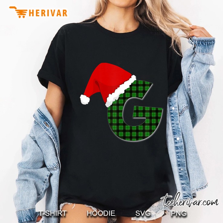 Santa Hat Capital Letter G Monogram Plaid Christmas Ladies Tee