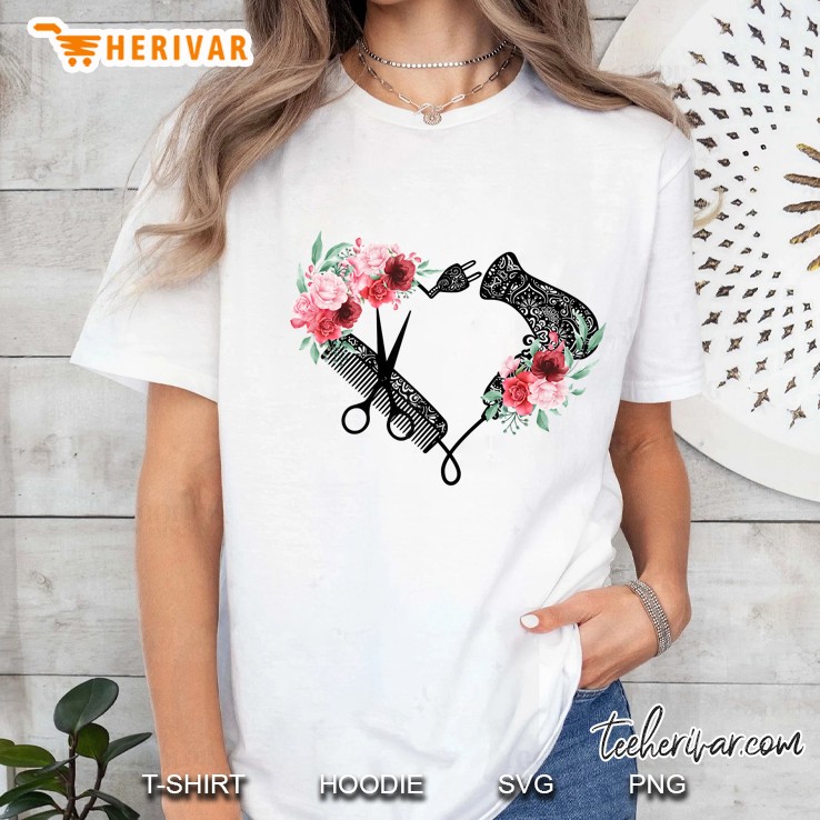 Hairdresser Hair Dryer Comb Scissors Barber Floral Version Ladies Tee
