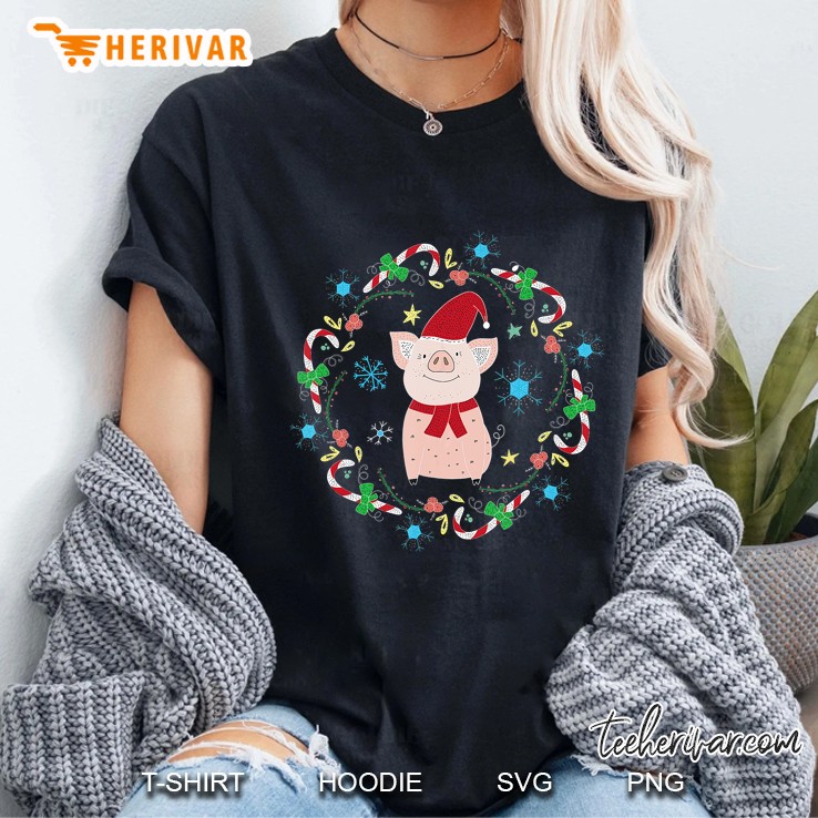 Cute Pig Candy Cane Wreath Christmas Ladies Tee