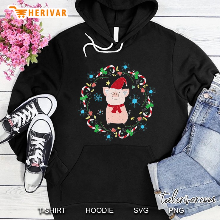 Cute Pig Candy Cane Wreath Christmas Hoodie