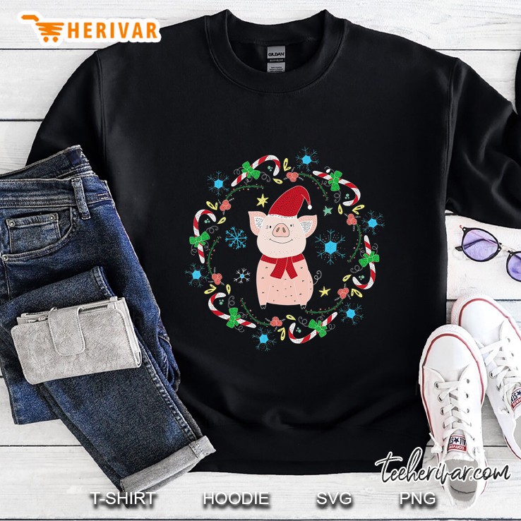Cute Pig Candy Cane Wreath Christmas Sweatshirt