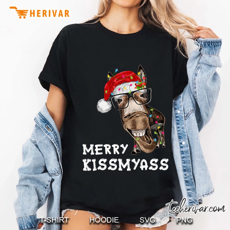 Merry Kissmyass Donkey Santa Hat Christmas Lights Ladies Tee