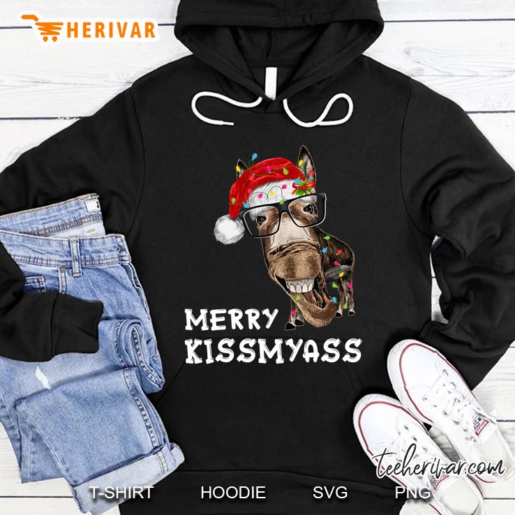Merry Kissmyass Donkey Santa Hat Christmas Lights Hoodie