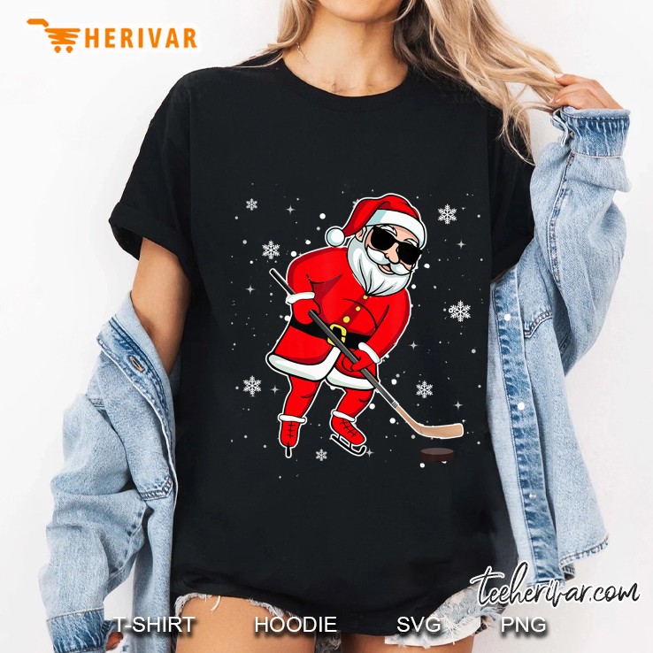 Santa Playing Hockey Christmas Ladies Tee