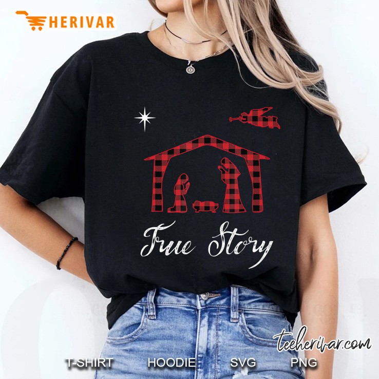 Nativity True Story Jesus Birth Buffalo Plaid Christmas Ladies Tee