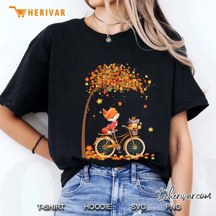 Fox Riding Bicycle Autumn Leaves Cute Fall Ladies Tee