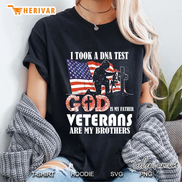 I Took A DNA Test God Is My Father Veterans are My Brothers American Flag Black Version Ladies Tee