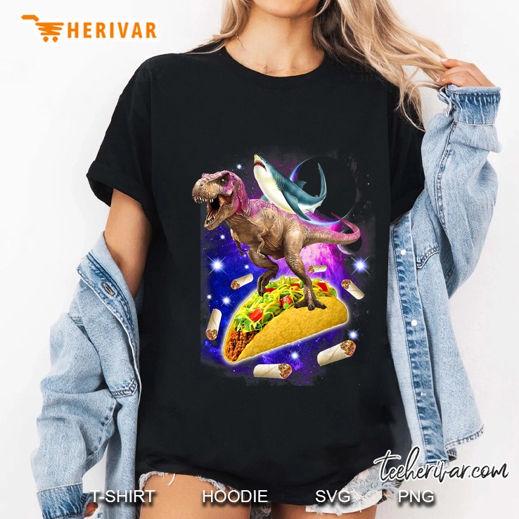 Shark Riding T-Rex Dinosaur And Taco Burrito Mexican Food Ladies Tee
