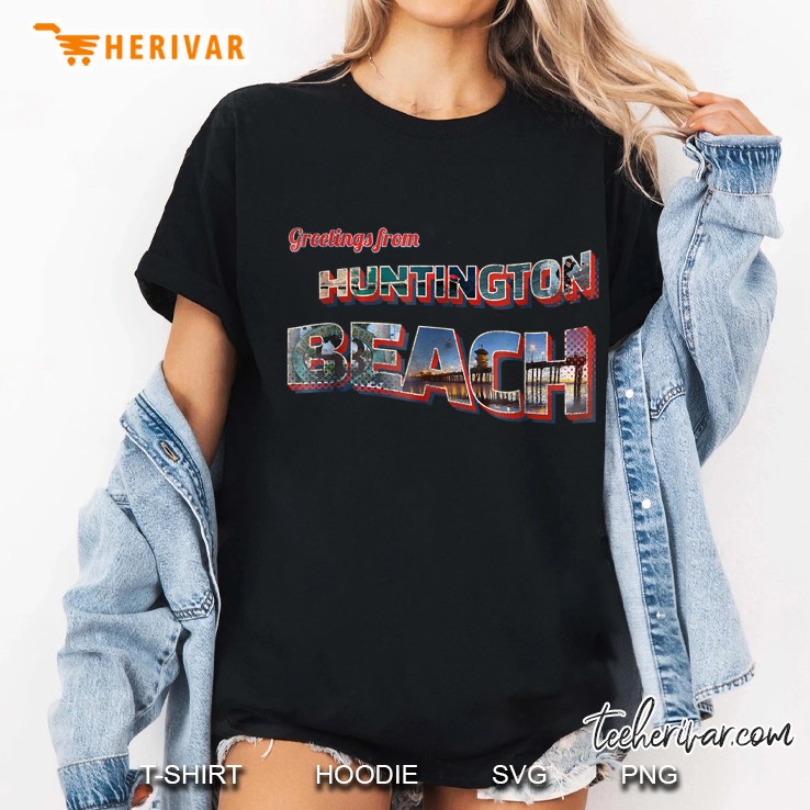 Greetings From Huntington Beach California Postcard Ladies Tee