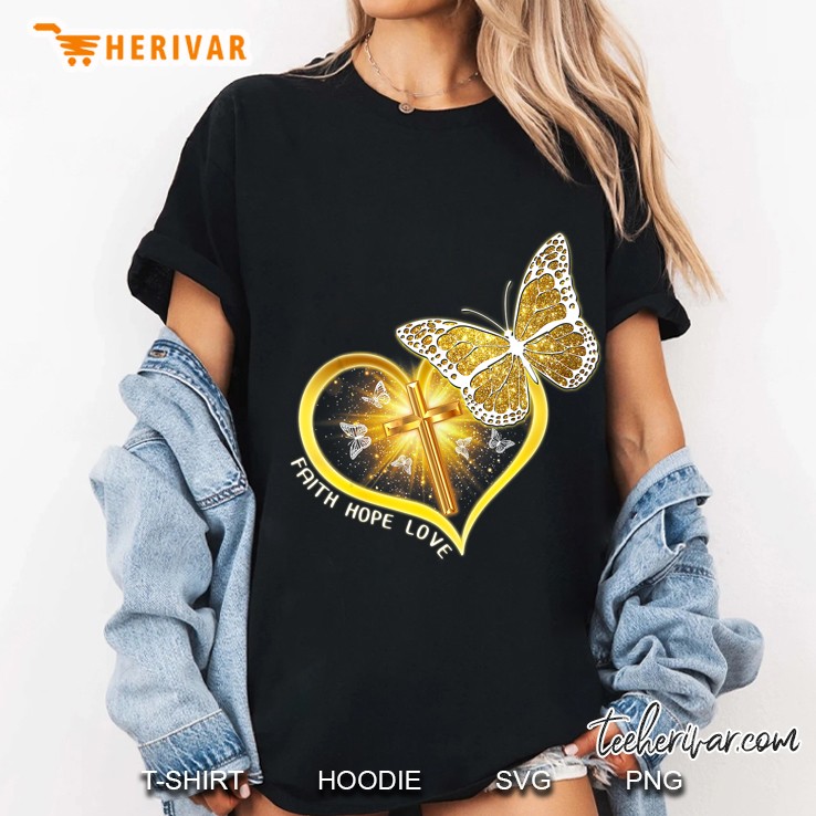 Faith Hope Love Butterfly And Christian Cross Ladies Tee
