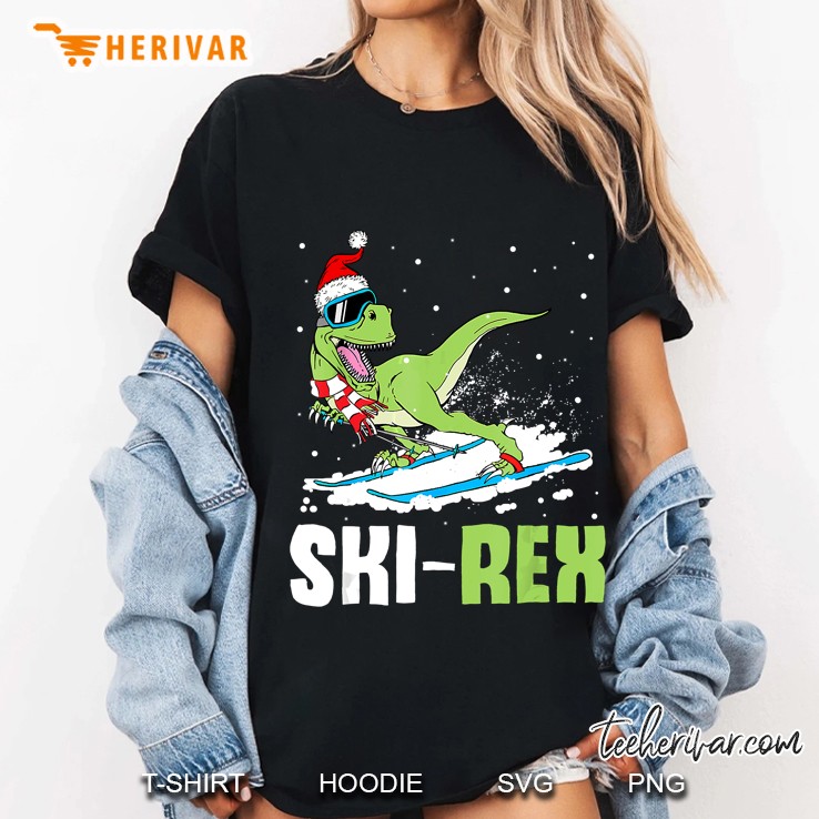 Ski Rex T-Rex Dinosaur Santa Hat Ski Lover Ladies Tee