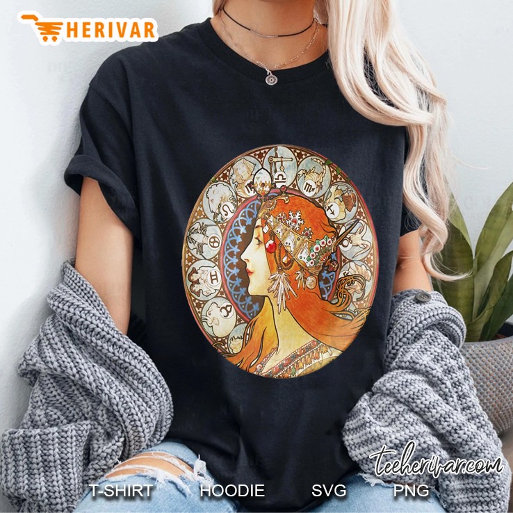 Art Nouveau Zodiac Signs Gypsy Fortune Teller Alphonse Mucha Ladies Tee