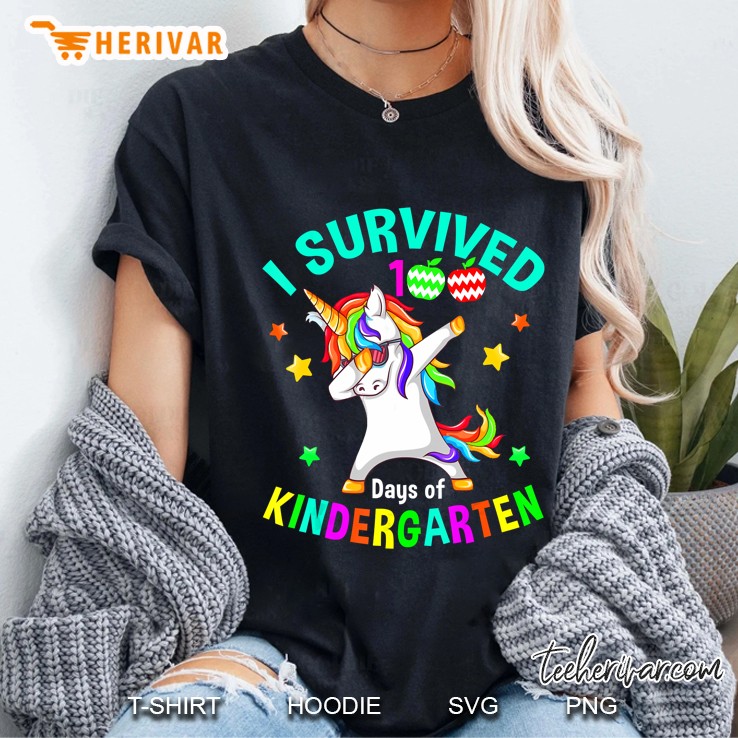 I Survived 100 Days Of Kindergarten Dabbing Unicorn Version Ladies Tee