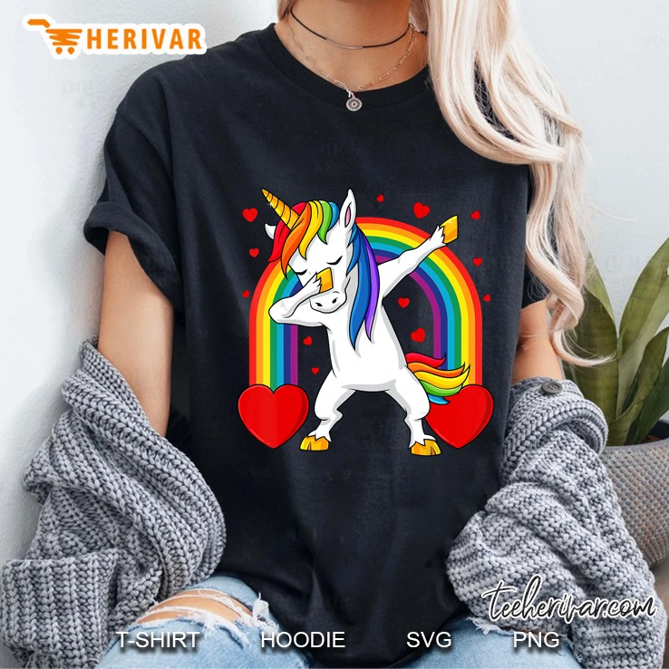Dabbing Unicorn Hearts Rainbow Ladies Tee