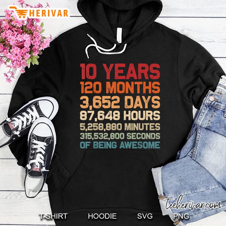 10 Years 120 Months 3652 Days Of Being Awesome Vintage Version Hoodie